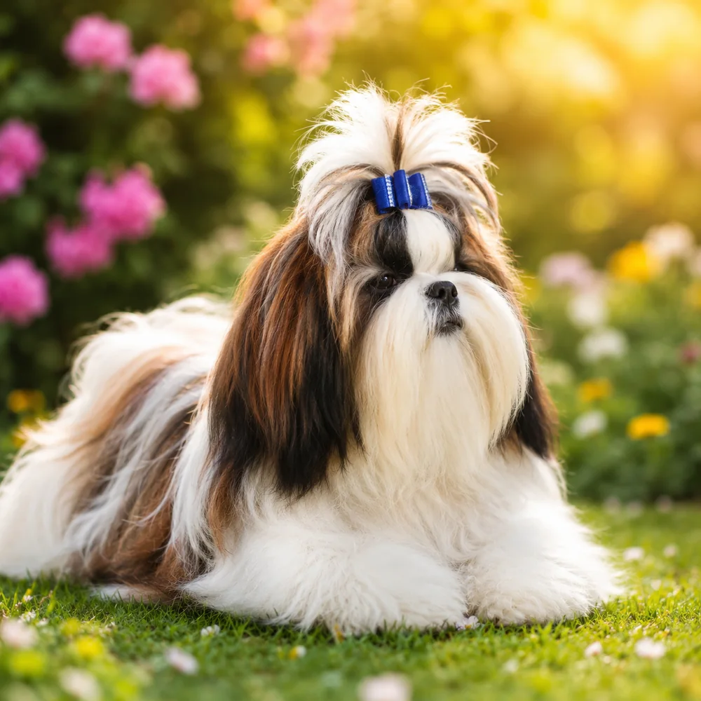Un Shih Tzu joyeux portant un petit nœud dans un jardin ensoleillé