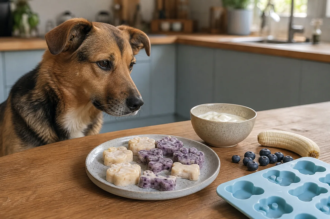 Hond kijkt naar zelfgemaakte hondenijsjes met banaan en blauwe bessen